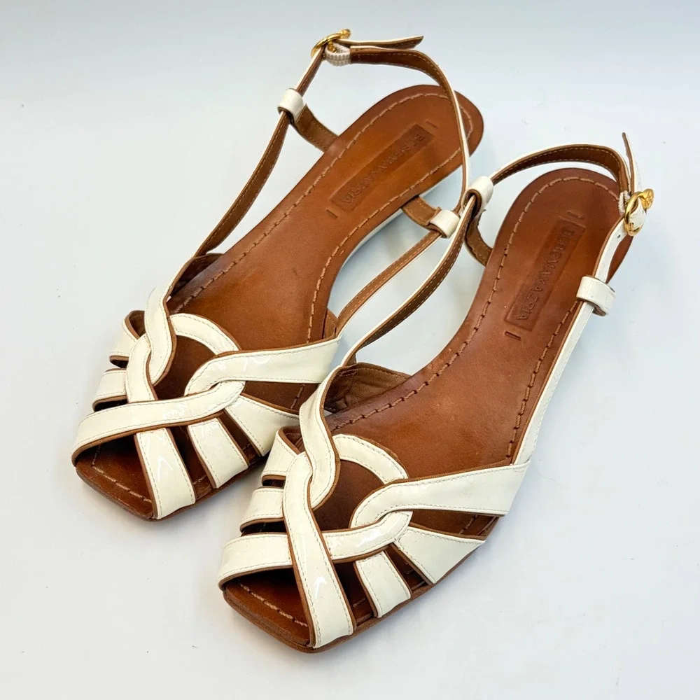 BCBG MAX AZRIA Cream Patent Leather Wedge Slingback Sandals 6.5B Chic Brazil
